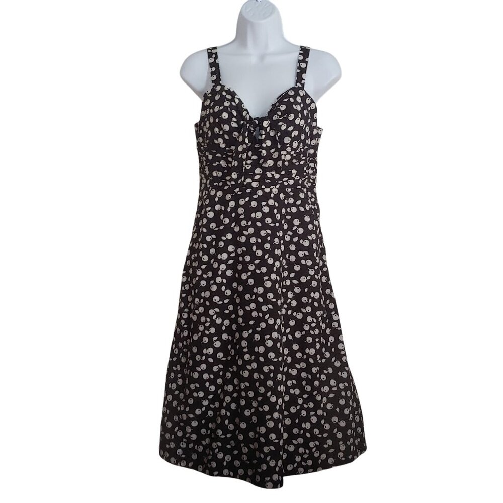 Anthropologie Maeve Cherry Girl Tie Front Smocked Fit Flare Retro  6P Goth